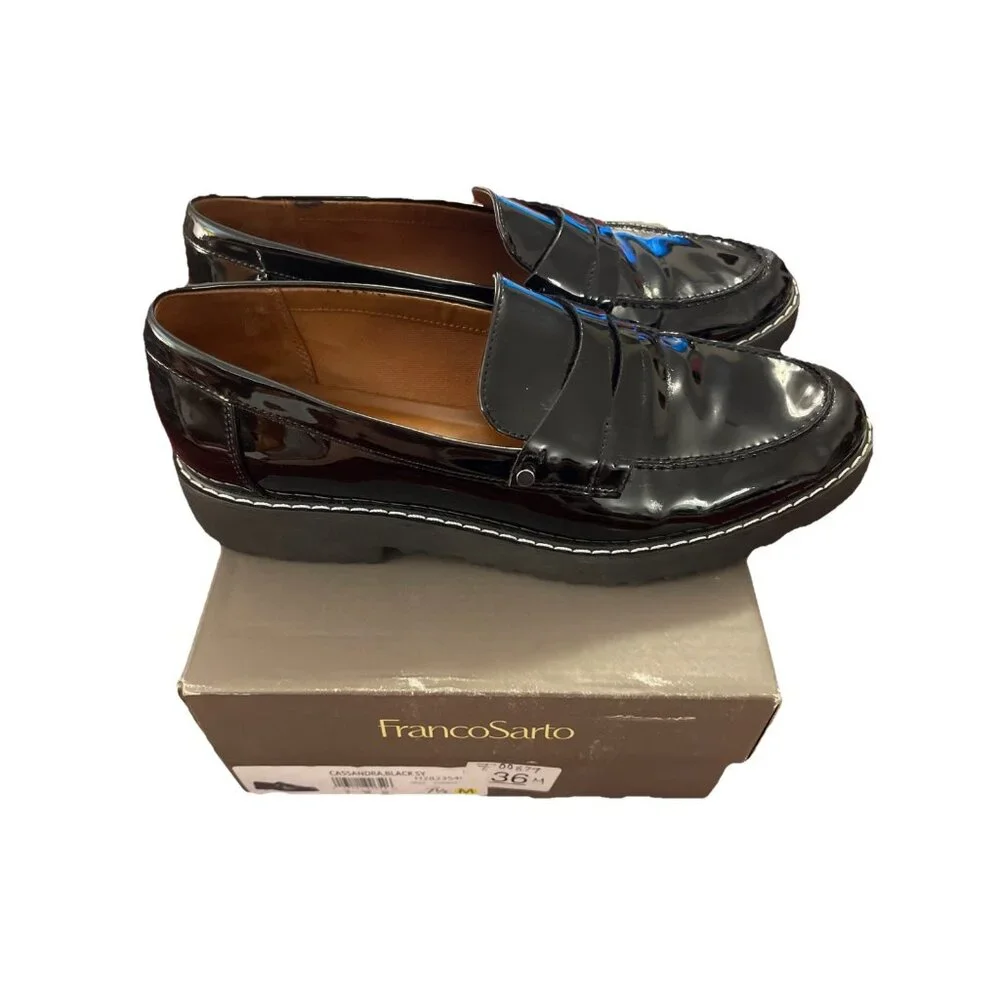 FRANCO SARTO Cassandra Women 7.5M Black Patent Faux Leather‎ Y2K Loafer Gorecore